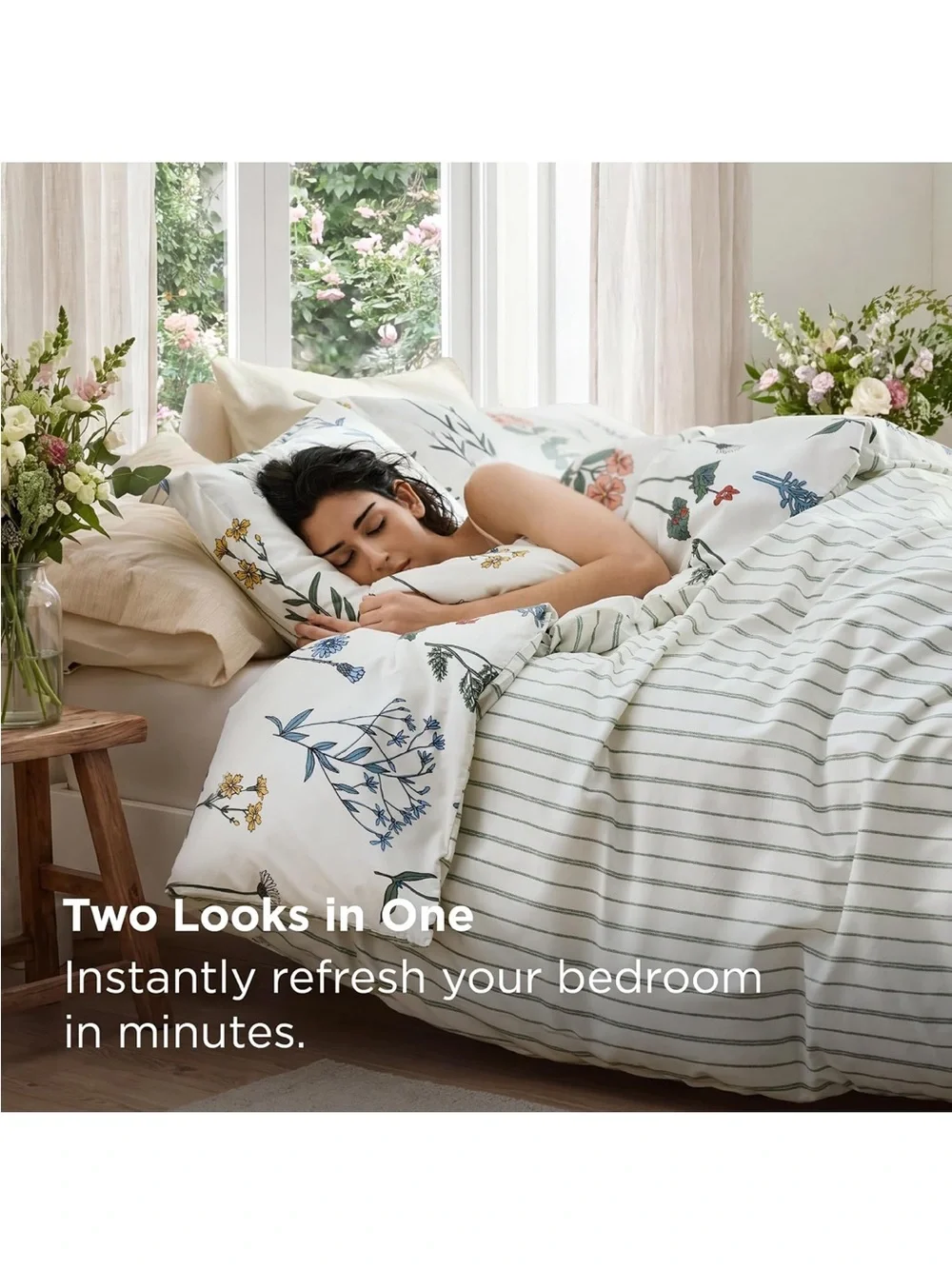 NEW Bedsure Duvet Cover Set w/zipper. Reversible. Floral and Stripe